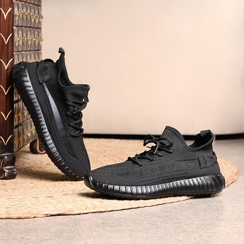 Image of Men's Black Sports Running Shoes | Lightweight Breathable Mesh Sneakers | Lace-Up Casual Walking & Gym Shoes | Anti-Slip Sole Comfortable Footwear for Men.