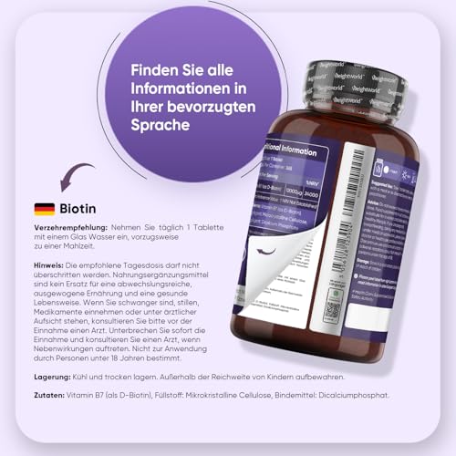 Biotin Tabletten - 12.000mcg je Portion - 365 vegane Tabletten - Biotin trägt zur Erhaltung normaler Haut und normaler Haare bei (Laut EFSA) - 1 Jahr Vorrat - Bekannt als Vitamin B7 - WeightWorld