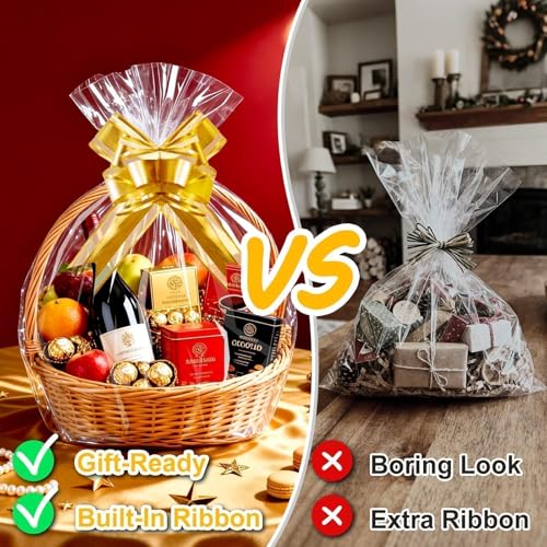 Image of PigPotParty Cellophane Bags for Gift Baskets, 24x30 in, 10 Pack, Gold Bows | Thick clear OPP holds shape; seamless bottom resists tears; easy-to-use large pull bows save time and add a polished finish