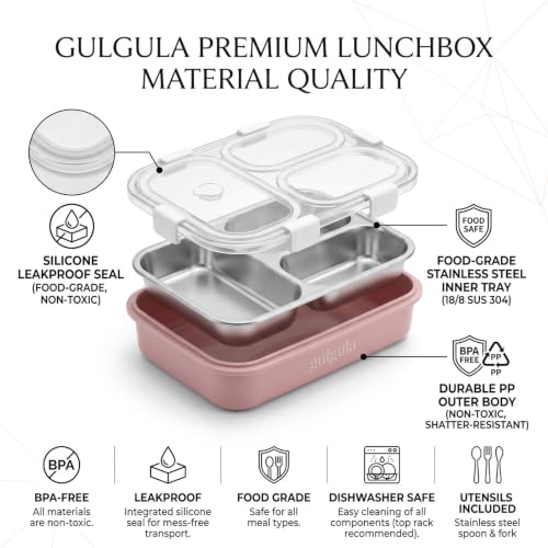 Image of Stainless Steel 3 Compartment Lunch Box with Leakproof Lid, Reusable Water Bottle & Spoon Set, Bento Style Tiffin Box for School, Office, College, Picnic, Travel & Daily Meal Storage (Pink)