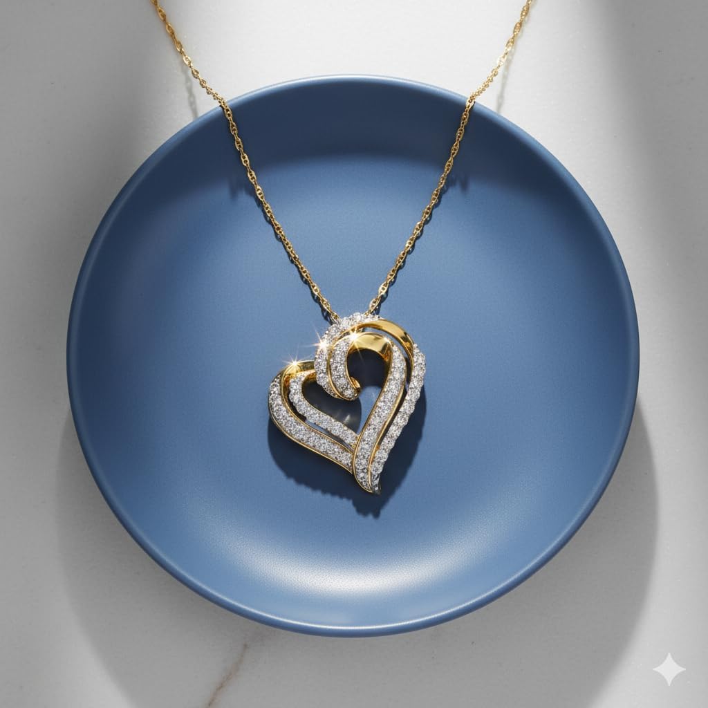 Jewelili 10K Yellow Gold Double Heart Pendant Necklace for Women | 1 CTTW Natural White Round Diamonds | 18" Rope Chain | Jewelry Gift with Gift Box