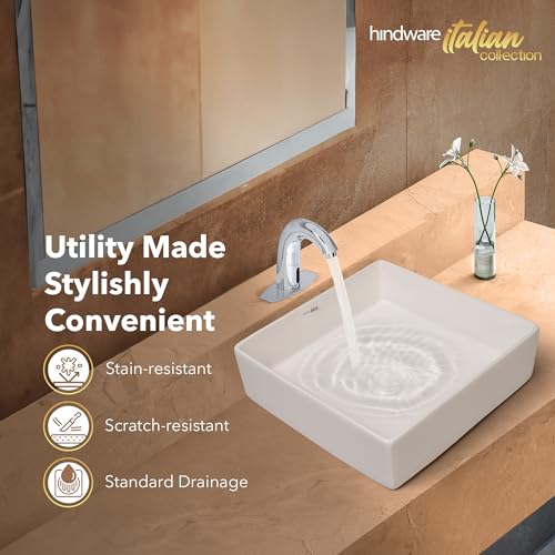 Image of Hindware Italian Collection Magro-S Table Top Wash Basin for Bathroom | Made of Ceramic | Star White | Square Shape | Over the Counter Basin