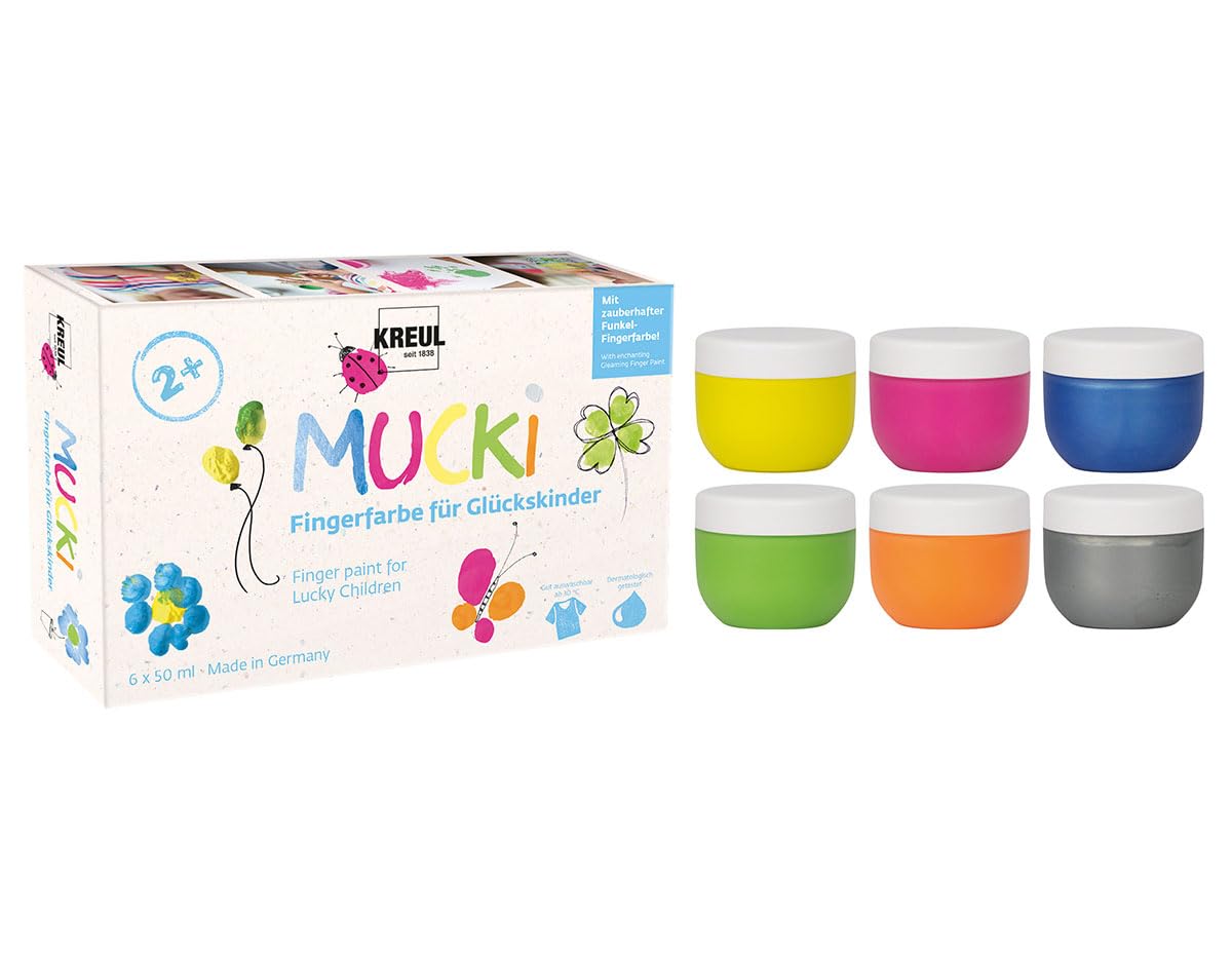 KREUL 23050 - Pintura de dedos Mucki para niños afortunados, 6 x 50 ml en amarillo, rosa, azul diamante, verde, naranja, plata dragón, sin parabenos, sin gluten, sin lactosa, vegano, lavable