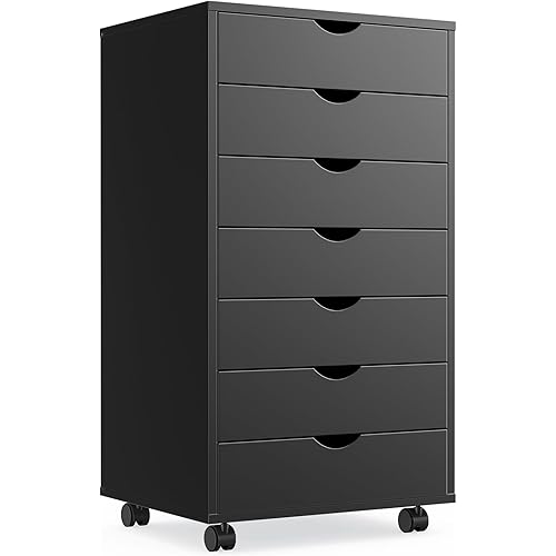 OLIXIS 7 Drawer Chest Wood File Cabinet Rolling Organization Storage Dresser with Wheels for Home Office, Black