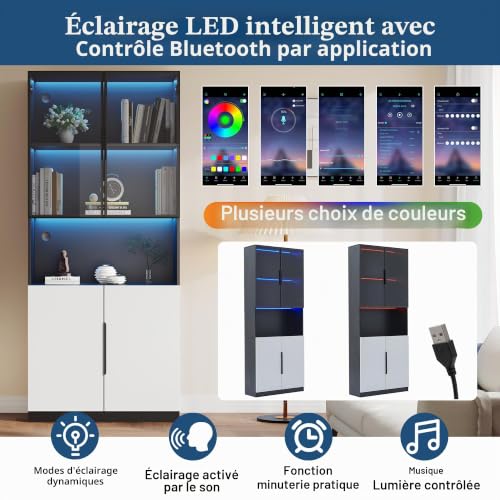 vutizal Bibliothèque Murale LED avec Contrôle App, 200 cm - Meuble Vitrine Portes en Verre, Étagères Réglables, Dispositif Sécurité - Blanc pour Salon Moderne, Bureau – vue 5