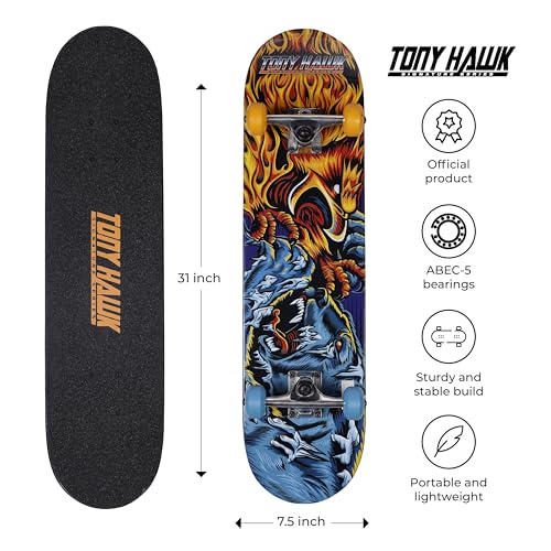 Image of Tony Hawk 31 inch Skateboard, Tony Hawk Signature Series 3, 9-ply Maple Deck Skateboard for Cruising, Carving, Tricks and Downhill, Fire /Ice