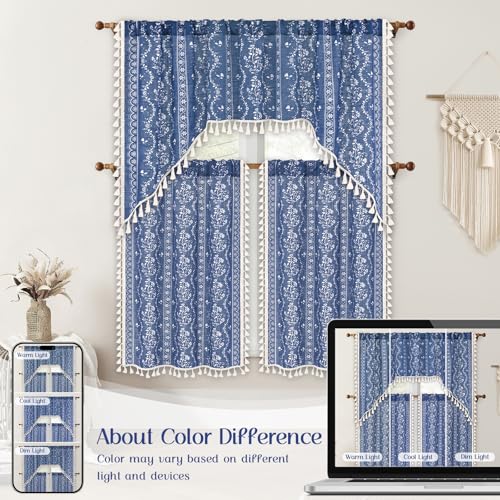 Image of Yinhua Boho Kitchen Curtains 36 Inch Length Vintage Linen Cafe Curtains Light Filtering Bohemian Floral Tier Rod Pocket Farmhouse Rustic Tassel Small Drapes with Tiebacks, 2 Panels, Blue