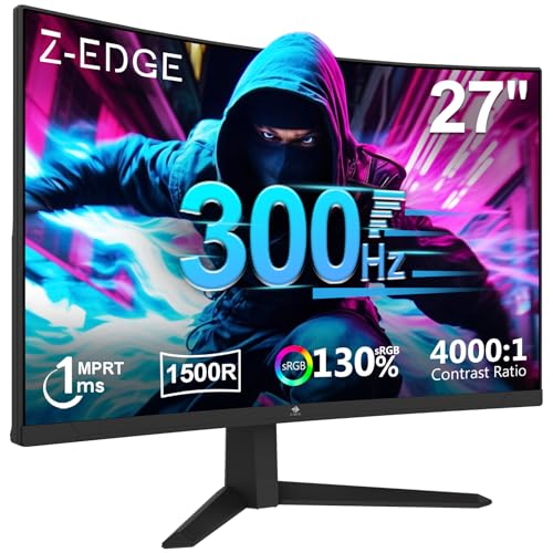 Z-Edge Monitor Gaming Curvo 27 pollici 300Hz (DP1.4 * 2), 1ms MPRT, FreeSync, FHD, 240Hz (HDMI2.0 * 2), Schermo PC LED 16:9, Inclinazione Regolabile, 4000:1, 1500R VA, VESA 100 * 100mm