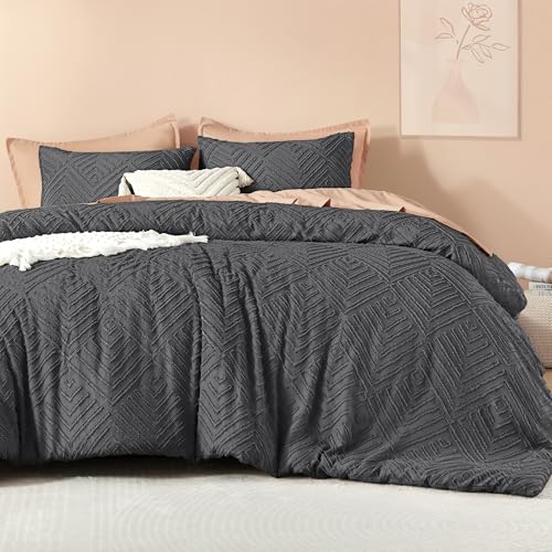 Image of Litanika Super King Comforter Dark Grey, 3 Pieces Tufted Boho Farmhouse Bedding Comforter Set, Lightweight Fluffy All Season Comforter Set (120x120In Comforter & 2 Pillowcases)