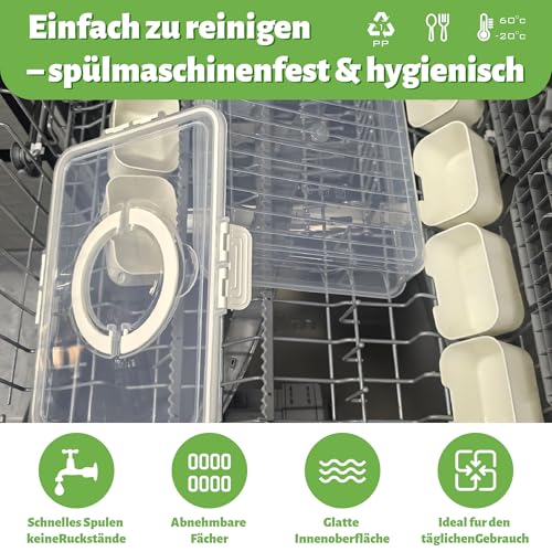 Snackbox mit 8 Fächern & Deckel - Tragbare Snackschale mit Griff, Luftdicht & Spülmaschinenfest, Snackteller aus PP für Gewürze Süßigkeiten Nüsse & Obst - Ideal für Picknick & Reise (Weiß/Transparent)