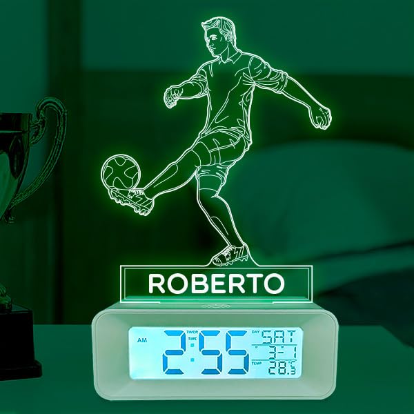 Transparent Gift Reloj Despertador Infantil Personalizado con Luz. Diseño Jugador Fútbol con Nombre Niño/Niña. Lámpara Nocturna Mesita Noche. Regalos Originales Personalizados Cumpleaños Niños