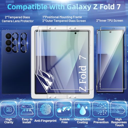 Image of [2Set 6PCS] Screen Protector Compatible with Galaxy Z Fold 7 5G - 2 Inner TPU Film + 2 Outer Tempered Glass + 2 Camera Lens Protectors with Positional Mouting Frame, Bubble Free