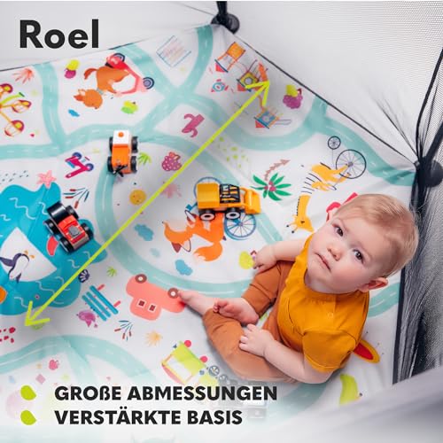 LIONELO Roel Laufstall Baby bis zu 15 kg, Großformat 118 x 118 x 83 cm, sechseckige Form, LockGuard Faltschloss, verstärkte Basis, rutschfeste Fußkappen, Schutztasche (Grau)