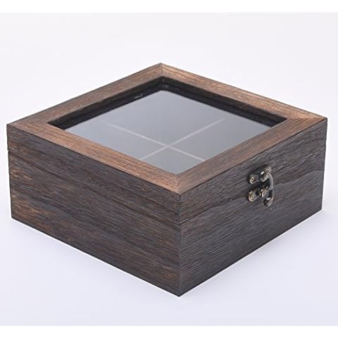 4 Compartment Rustic Dark Brown Wooden Tea/Coffee/Storage Box with Transparent Lid - WBM1607 Cover