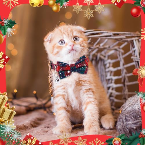 4 coleiras de Natal para gatos, coleira de gato com sinos e gravata borboleta xadrez, coleira ajustá