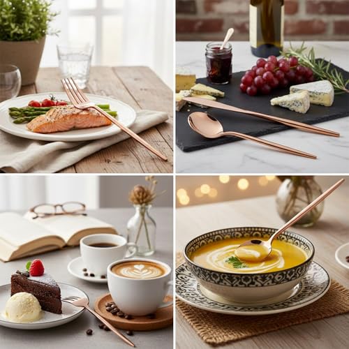 Image of 15 Pcs Rosegold Cutlery Set for Dining Table the Perfect Lightweight Silim Handle Tableware Including Dinner Spoon, Dinner Fork, Dinner Knife, Dessert Spoon & Dessert Fork