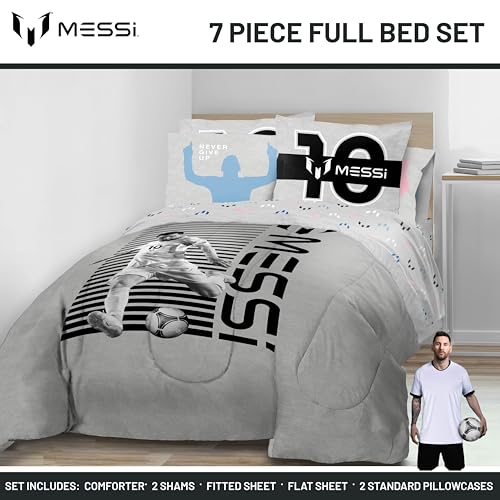 Image of Jay Franco Kids Comforter Set Includes Sheets and Pillow Cover - Soft and Cozy Bed Set for Stylish Room Decor, Grey - Messi, 7 Piece Full