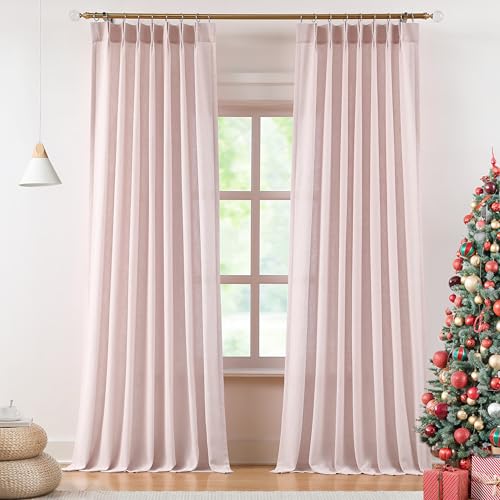 Image of Vision Home Soft Pink Pinch Pleated Semi Sheer Curtains Textured Linen Blended Light Filtering Window Curtains 84 inch for Living Room Bedroom Pinch Pleat Drapes with Hooks 2 Panels 40 inch Wx84 L