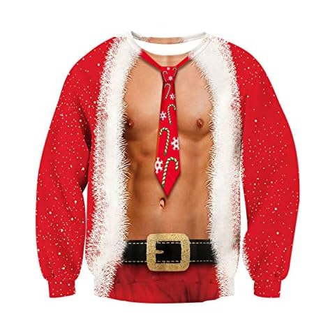 TUONROAD Men Funny Christmas Pullover Sweatshirts Crewneck 3D abs Graphic Long Sleeve Sweater Red XL Cover