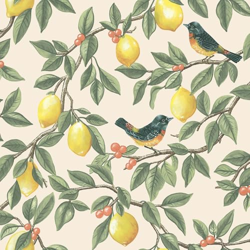 Lemon Fruit and Leaf Trail Botanical Birds Berries Themed Wallpaper for Bedrooms, Living Rooms, Dining Rooms in a Soft Cream/Orange Colour Holden 13870