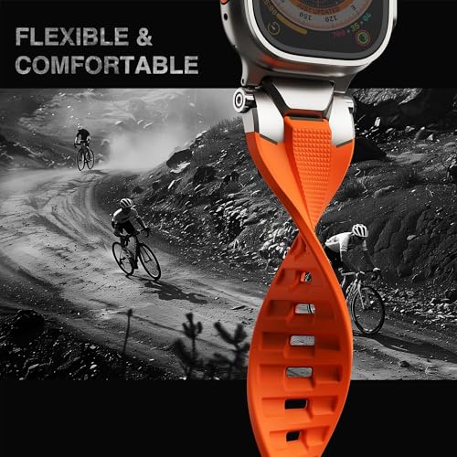 Image of ULTIMAL Rugged Band for Apple Watch Ultra 3 /2 /1 49mm, Series 11 /10 /9 /8 /7 /6 /5 /4 SE 46mm /45mm /44mm, Waterproof, Soft TPU Strap with Stainless Steel Buckle & Connectors, Sweat-Resistant, Easy to Clean, Fits 155-225mm Wrist (Titanium /Orange)