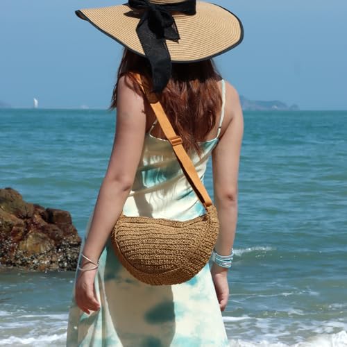 Image of Straw Crossbody Bag for Women, Summer Beach Woven Purses Hobo Dumpling Bag Casual Shoulder Bag Crochet Purse