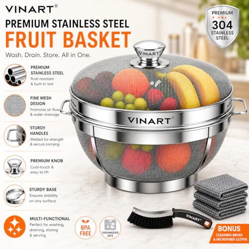 Image of VINART Stainless Steel Fruit Basket with Lid | Fruit & Vegetable Storage Basket for Kitchen & Dining Table (Small + Large)