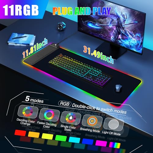 Image of Mouse Pad with Foldable Phone Holder & Wireless Charger, XL RGB Gaming Mousepad 31.5 inchx11.8 inch Large Desk Mat for Keyboard, Home Desk Pad with Dual Qi Charging Station | 11 Colors & 5 Modes | Waterproof