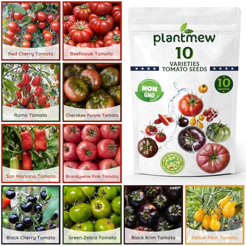 PLANTMEW 10 Heirloom Tomato Seed Varieties Packet - Open Pollinated Seeds for Planting Home Garden - Beefsteak Roma San Marzano Cherokee Purple Cherry Tomato & More
