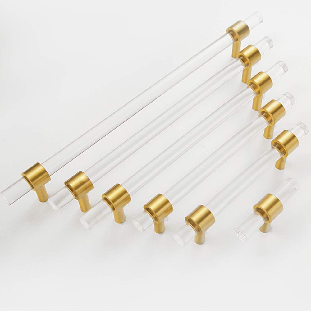 Goldfarbene Schrankknöpfe Arylic Schranktürknöpfe Messing runder Acryl-transparenter Schrankgriff Moderner Stil Küchenmöbel-Türgriffe ziehen T-Stab-Schubladen-Zugknöpfe (Lochabstand: 192 mm) (Gold-Loc