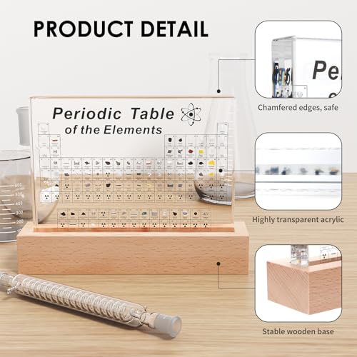 Image of Mukarisk Periodic Table with Real Elements Inside | 83 Real Elements Samples, with Wooden Stand & Magnifying Glass, Chemistry Decor, Science Gifts, for Kid, Teacher, 6*4.5 Inch