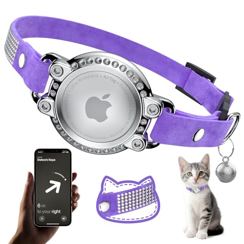 AirTag Cat Collar Breakaway, Diamond Microfiber Cat Collars with Apple Air Tag Holder and Bell, Adjustable Comfortable GPS Tracker Cat Collar for Girl Boy, Kittens, Puppies (Purple)