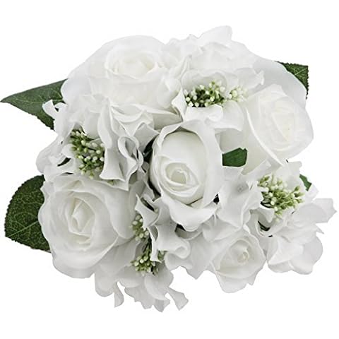 Admired By Nature 9 Stems Artificial Rose Hydrangea Mixed Bouquet, Polyester, White Cover