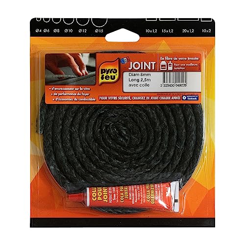 PYRO FEU Junta refractaria 8mm x 2,5m + Tubo Pegamento, Fibra de vídrio, Negra, estandar