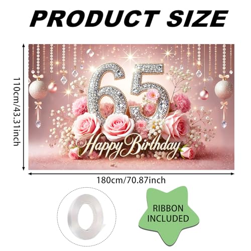 Image of Nuxovilar 65th Birthday Banner - Elegant Pink & Gold Floral Backdrop | with Glitter inch65 inch Sign, 71x43 Inch Large Party Decor for Women & Men, Reusable Indoor /Outdoor Hanging