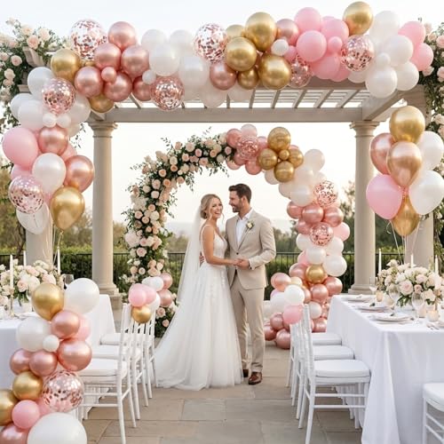 Image of Rose Gold Balloons Arch Kit,130pcs Pearl Metallic Rose Gold Balloon Garland,Different Sizes White and Gold Latex Balloons for Wedding Bridal Baby Shower Birthday Party Decorations for Women
