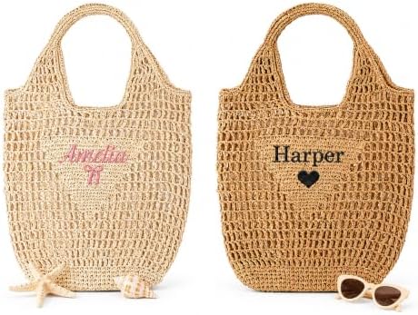 Personalized Straw Woven Beach Bags for Women, Summer Mesh Tote B...