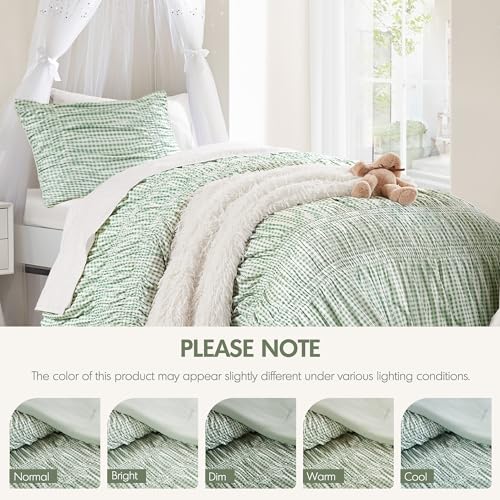 Image of Intelligent Design Ruched Shabby Chic Green Twin XL Comforter Set, 2pc | Girls Dorm Gingham Bedding Set, French Country, All Season Down Alternative, Cozy, Machine Washable, Lightweight, Breathable