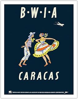 Caracas Venezuela - British West Indies Airways BWIA (Bee-Wee) - Vintage Airline Travel Poster by Dick Negus & Philip Sharland c.1950s - Fine Art Matte Paper Print (Unframed) 11x14in