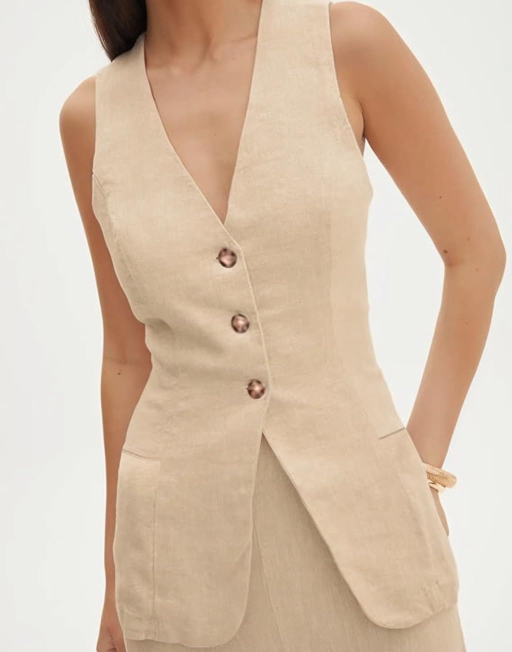 Melliflo Womens Summer Long Linen Vest Casual Sleeveless V Neck Button Down Tops Casual Summer Vest with Pocket - Image 2