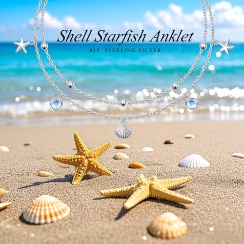 Image of Ladytree S925 Sterling Silver Boho Beach Double Layer Anklets Bracelet for Women Adjustable 9 to 11 inches