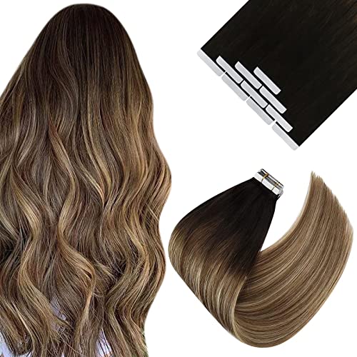 VeSunny Balayage Tape in Hair Extensions Human Hair 10pcs 25g Tape in Brown Hair Extensions Remy Human Hair Tape in Extensions #2 Dark Brown Mix #6 Brown to #24 Light Blonde Extensions Tape 20inch