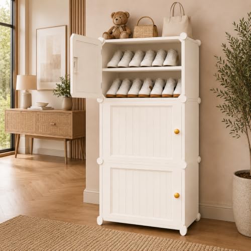 Image of Mevigo Plastic Shoe Rack for Home with Door | 6-Tier Stackable Shoe Organizer | Holds 12-Pairs |Waterproof & Dustproof | DIY Modular Shoe Cabinet |Chappal Slipper Stand for Bedroom-White-HV2