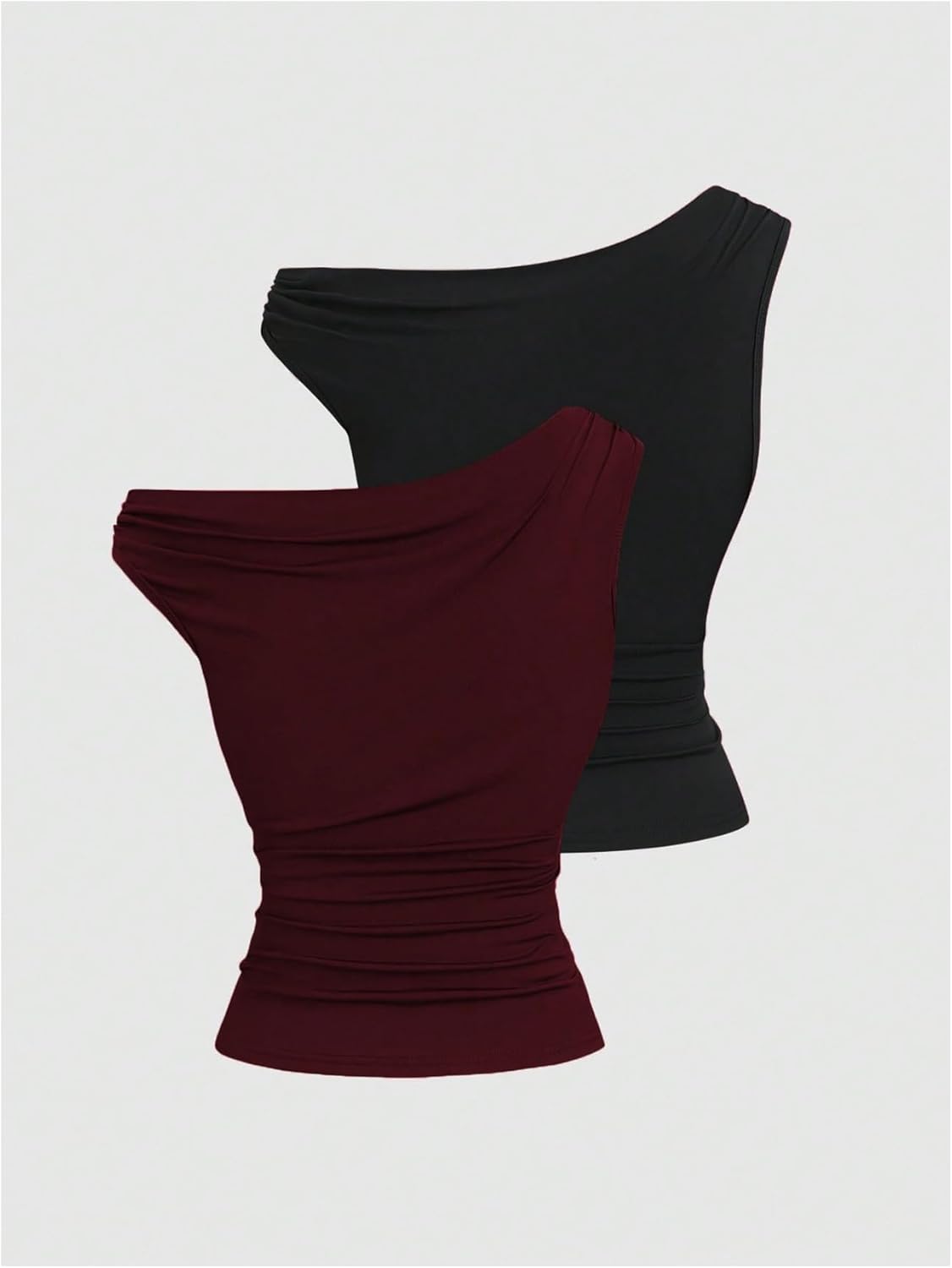 soly hux women's off the shoulder crop tops 2 packs asymmetrical sleeveless slim tshirts going out outfit medium burgundy and black