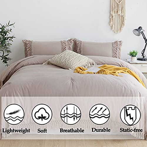Cozytide Tassel Boho Comforter Set King,100% Washed Cotton Farmhouse Shabby Boho Chic Taupe Bedding Comforters Lightweight Aesthetic Cute Ruffle Bedding Duvet 1 Boho Comforter 2 Pillow Shams #TOP1