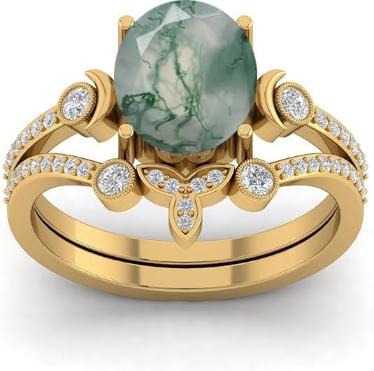 LMDPRAJAPATIS Natural Moss Agate Engagement Ring Set for Women, Oval Gemstone Gold Plated Bridal Wedding Band, Vintage Leaf Design Promise Ring, Unique Statement Jewelry Gift