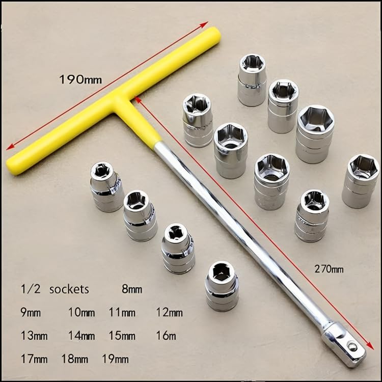 Image of Chrome Vanadium Steel T Spanner Socket Type T Shaped Handle Wrench 13 Pcs Multipurpose 8Mm - 19Mm 1 /2 inch Socket Tool Set, Hex End