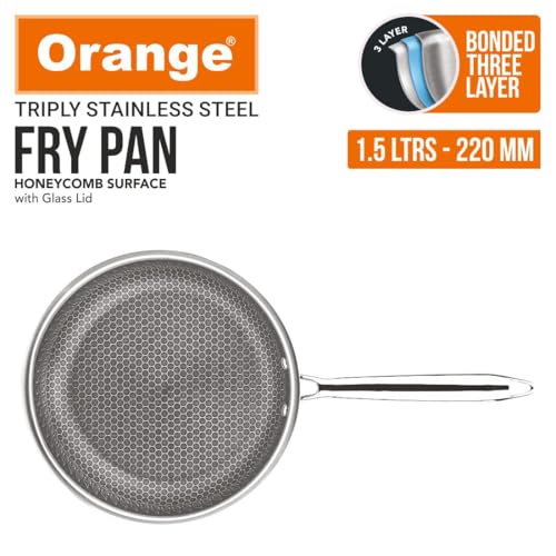 Image of Orange Triply Stainless Steel Honeycomb Fry Pan with Glass Lid 1.5L, 22cm | Scratch Resistant Non Stick Frying Pan with Long Handle | Gas top and Induction Bottom Friendly