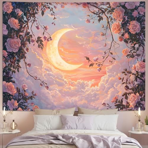 Lifeel Moon Pink Cloud Tapestry Natural Landscape Romantic Fairy Pastel Rose Tapestries Wall Hanging for Girls Women Bedroom Home Decor 36x48 inches