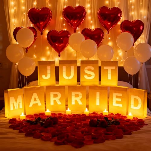 Just Married Light Up Letters Include Light up Letters with Tea Lights Candles Latex Balloons Aluminum Balloons and Rose Petals Luminary Paper Bags for Just Married Banner and Decorations